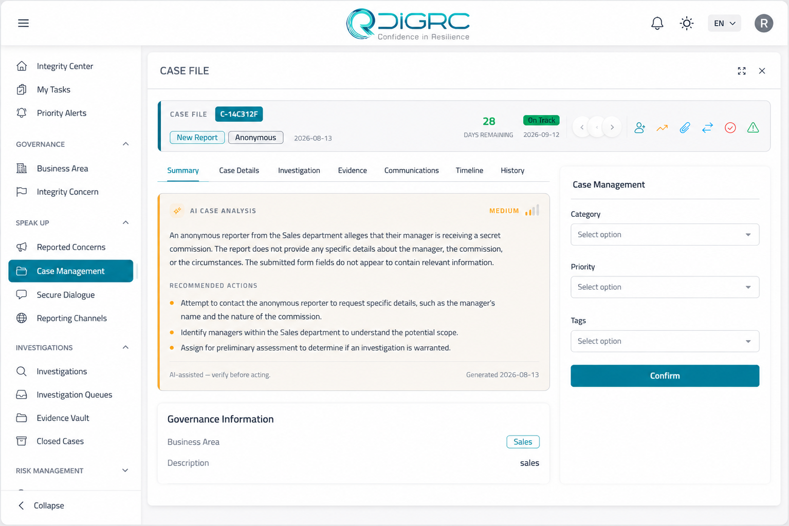 Rezilens Case Management and AI Analysis